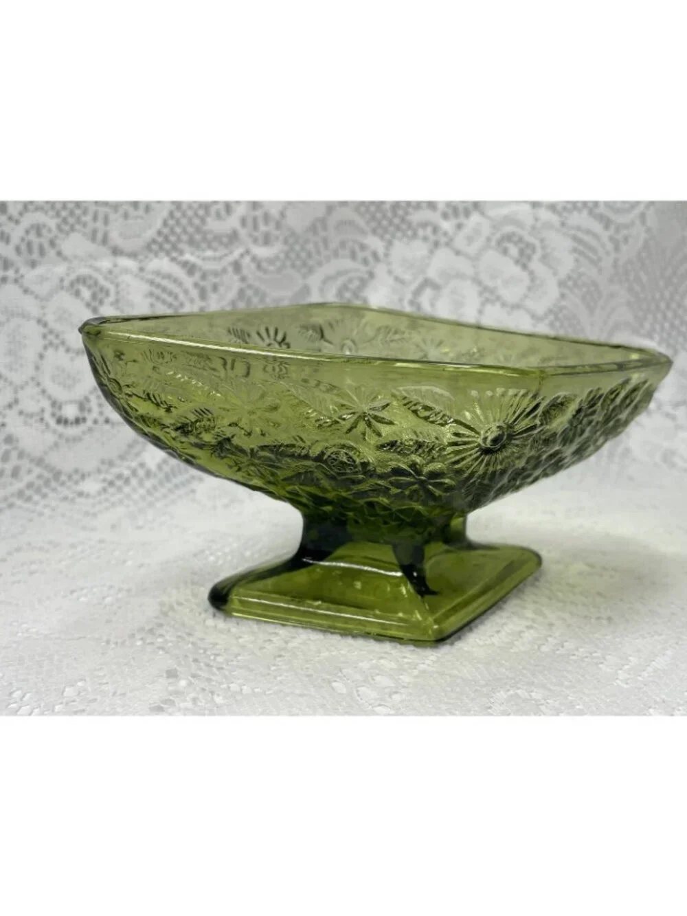 Vintage Green Indiana Glass Daisy Floral Candy Dish, Diamond Shaped Dish